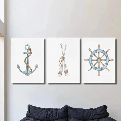3pcs Sailboat Anchor Paddle Rudder Wall Art Canvas Unframed – High Quality Print 100% Australian Made Wall Canvas