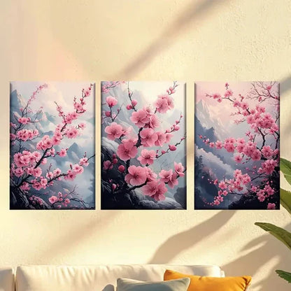 3pcs Sakura Tree on the Cliff Wall Art Canvas Unframed - High Quality Print 100% Australian Made Wall Canvas