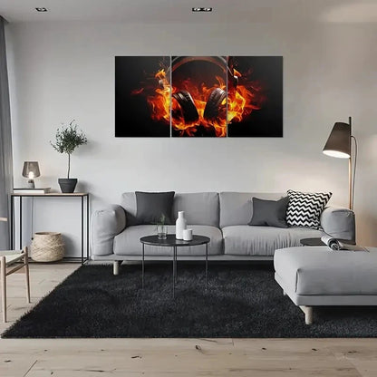 3pcs Flaming Headphones Fire Design Wall Art Set Canvas Framed 40x60cm - High Quality Print 100% Australian Made Wall Canvas Ready to Hang
