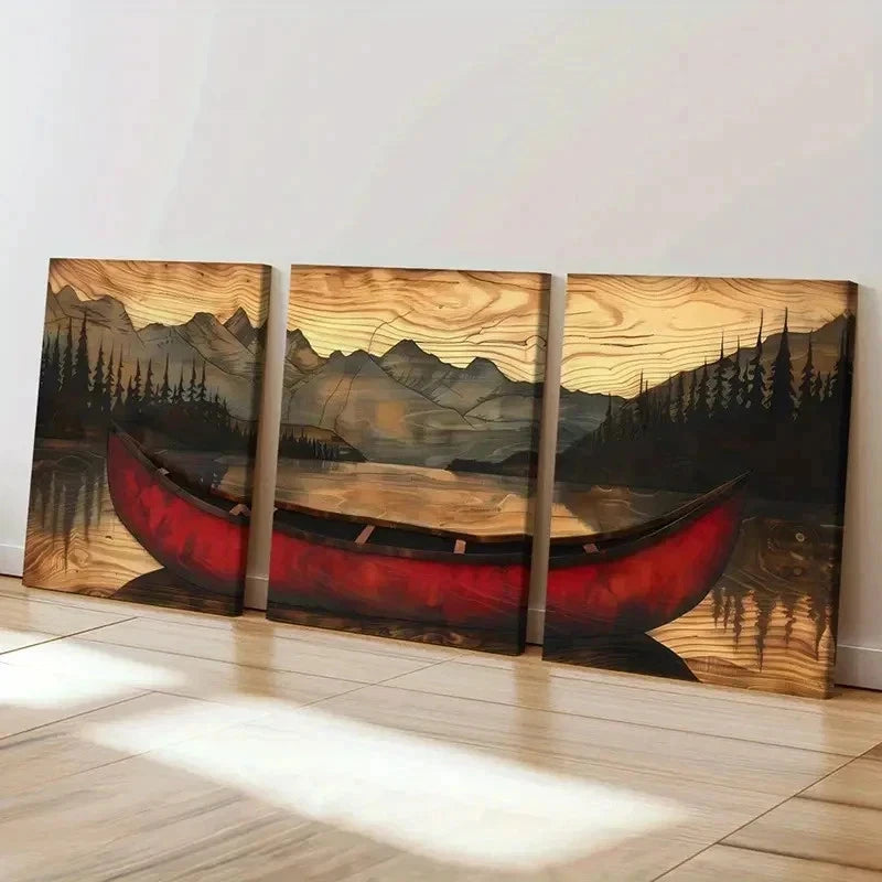 3pcs Red Canoe Mountain Range Forest Wall Art Set Canvas Framed 50x70cm - High Quality Print 100% Australian Made Wall Canvas Ready to Hang