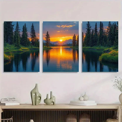 3pcs Vibrant Sunset River Pine Trees Wildflowers   Wall Art Set Canvas Unframed - High Quality Print 100% Australian Made Wall Canvas