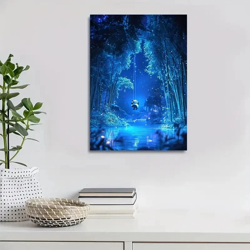 Cartoon Panda Swinging in Bamboo Painting 40x60cm Metal Print Ready to Hang