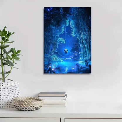 Cartoon Panda Swinging in Bamboo Painting 40x60cm Metal Print Ready to Hang