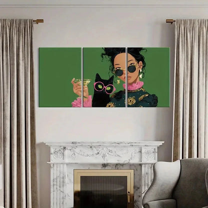 3pcs Woman Fashion Glasses, Green Background Wall Art Set Canvas Framed 60x90cm - High Quality Print 100% Australian Made Wall Canvas Ready to Hang
