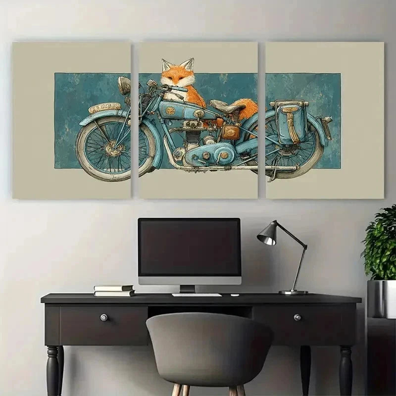 3pcs Fox Italian Biker Watercolor Paint Perfect Wall Art Set Canvas Framed 50x70cm - High Quality Print 100% Australian Made Wall Canvas Ready to Hang - Bella Home Decor