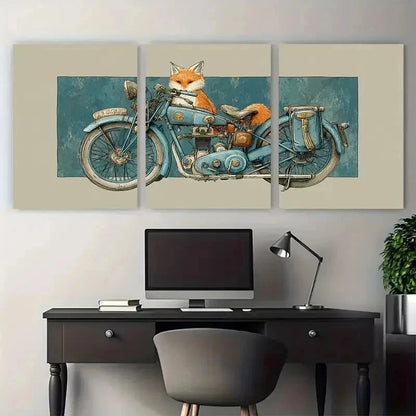 3pcs Fox Italian Biker Watercolor Paint Perfect Wall Art Set Canvas Framed 50x70cm - High Quality Print 100% Australian Made Wall Canvas Ready to Hang - Bella Home Decor