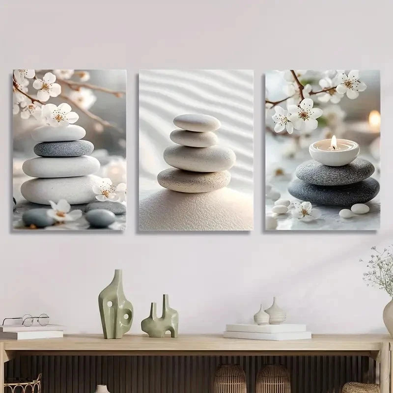 3pcs Beautiful Pebbles on Gray Background Metal Print Ready to Hang Art