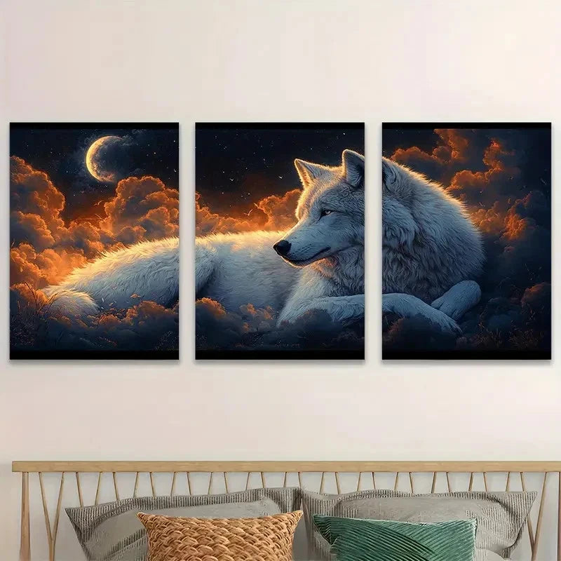 3pcs White Wolf & Dramatic Nighttime Scene Wall Art Set Canvas Framed 40x60cm - High Quality Print 100% Australian Made Wall Canvas Ready to Hang