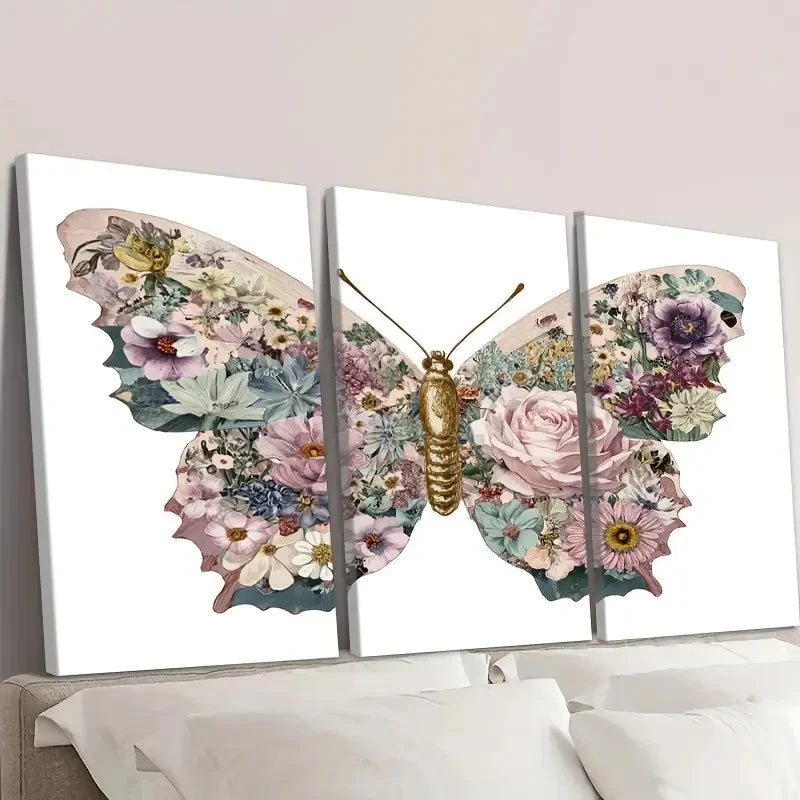 3pcs Vintage Pastel Butterfly Spring Floral Wall Art Set Canvas Framed 60x90cm - High Quality Print 100% Australian Made Wall Canvas Ready to Hang