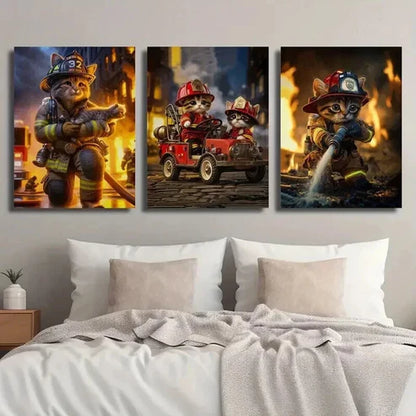 3pcs Adorable Firefighter Cats in Action Wall Art Canvas Unframed - High Quality Print 100% Australian Made Wall Canvas - Bella Home Decor