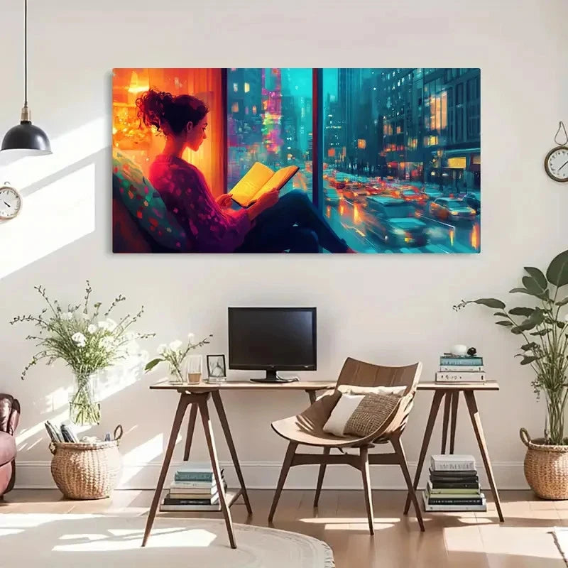 Cityscape Girl Rain Reading Wall Art Canvas Office Home Room Framed 120x60cm - Bella Home Decor