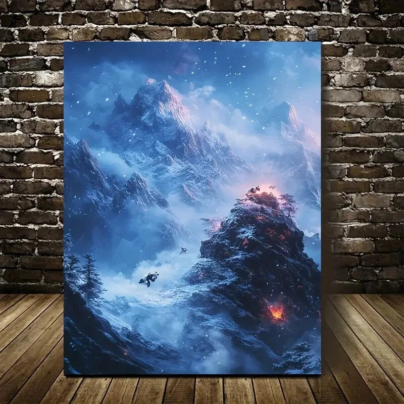 Fantasy Snowy Mountain Panda Chase Scene Painting 40x60cm Metal Print Ready to Hang - Bella Home Decor