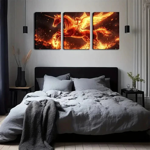 3pcs Flame Knight Unicorn Horse Wall Art Set Canvas Unframed - High Quality Print 100% Australian Made Wall Canvas