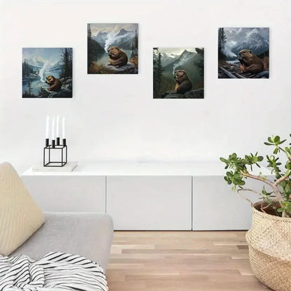 4pcs Beaver Smoking Cigar Vintage Abstract Wall Art Canvas Framed