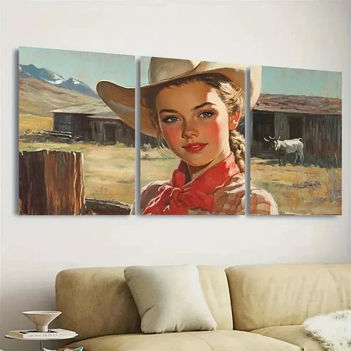 3pcs Vintage Cowgirl, Farmhouse Style Wall Art Set Canvas Unframed - High Quality Print 100% Australian Made Wall Canvas - Bella Home Decor