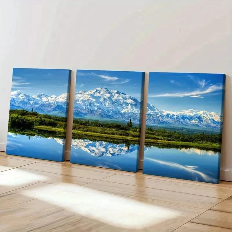 3pcs Snow Mountains Grassland & River Wall Art Set Canvas Framed 50x70cm - High Quality Print 100% Australian Made Wall Canvas Ready to Hang
