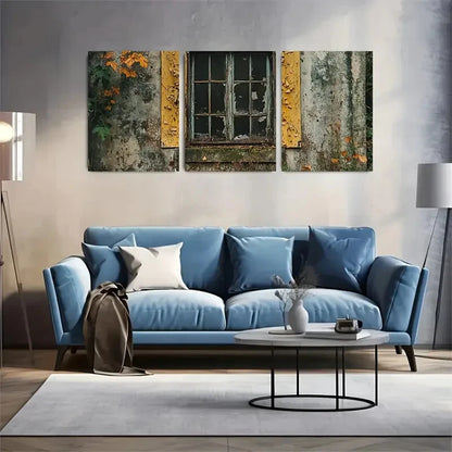 3pcs Vintage Window & Autumn Leaves Wall Art Set Canvas Framed 50x70cm - High Quality Print 100% Australian Made Wall Canvas Ready to Hang