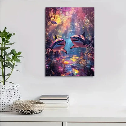 Vibrant Shark Forest Scene With Rainbow Painting  40x60cm Metal Print Ready to Hang - Bella Home Decor