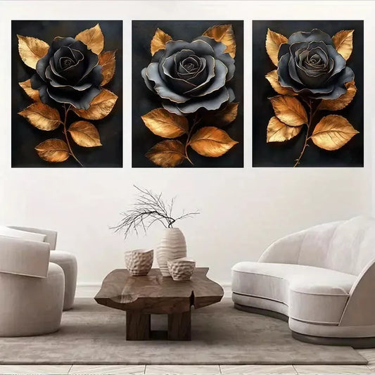 3pcs Elegant Black & Golden Rose with Leaves Wall Art Set Canvas Framed 50x70cm - High Quality Print 100% Australian Made Wall Canvas Ready to Hang
