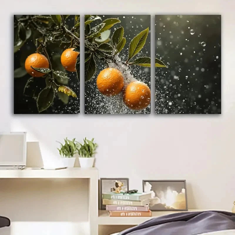 3pcs Orange Tree with Water Droplets Art Wall Art Set Canvas Framed 60x90cm - High Quality Print 100% Australian Made Wall Canvas Ready to Hang
