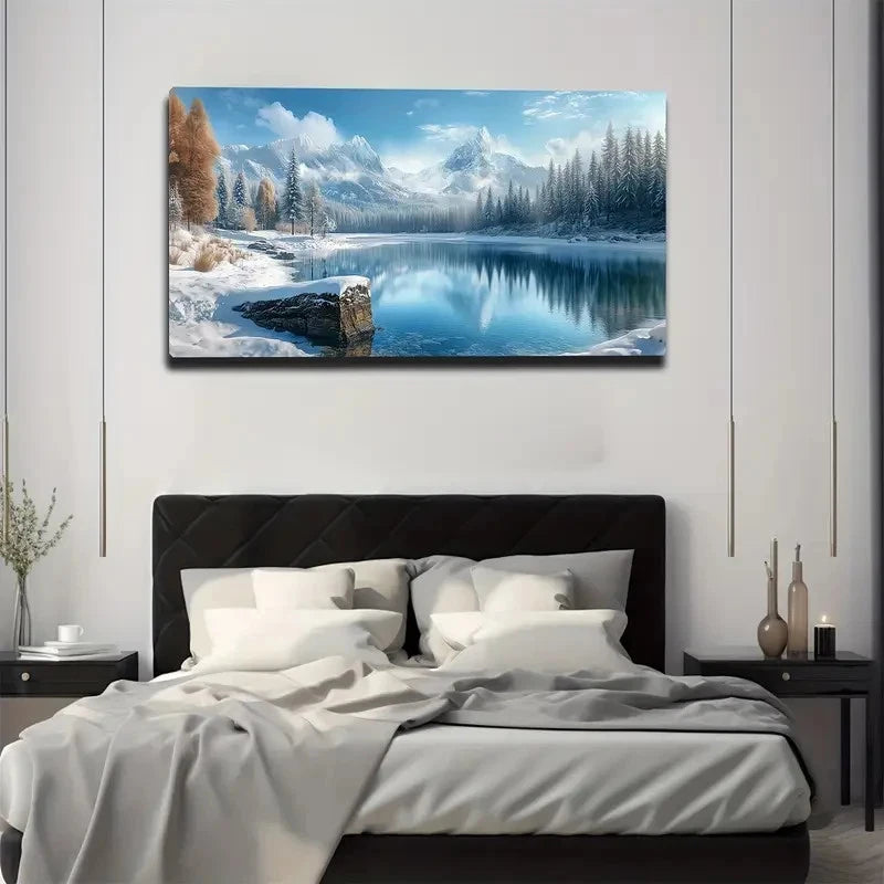Mountain & Misty Lake Scene Wall Art canvas office home room framed 120x60cm