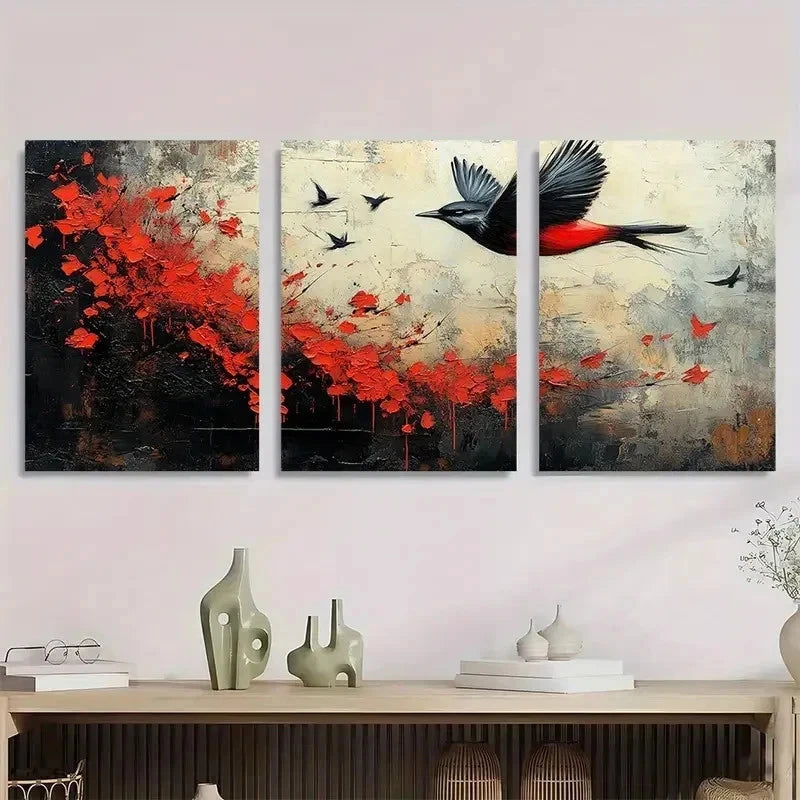 3pcs Black White And Red Birds Abstract Perfect Wall Art Set Canvas Framed 50x70cm - High Quality Print 100% Australian Made Wall Canvas Ready to Hang - Bella Home Decor
