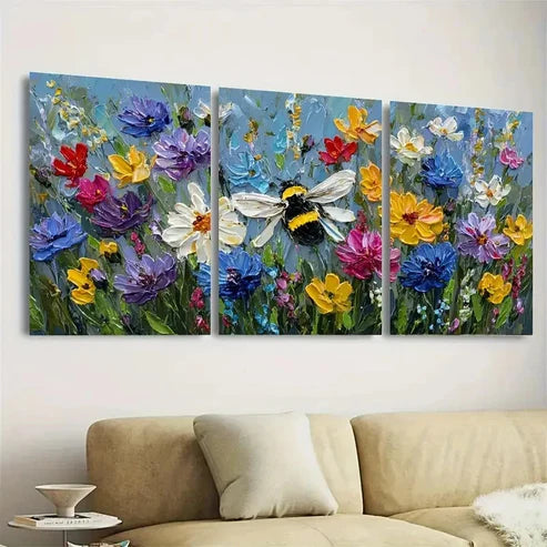 3pcs Bee Bumblebee Art Colorful Flower Honey Bee Wall Art Canvas Unframed - High Quality Print 100% Australian Made Wall Canvas - Bella Home Decor