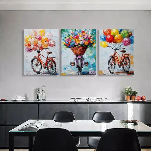 3pcs Colorful Bicycle with Balloons Perfect  Wall Art Set Canvas Unframed - High Quality Print 100% Australian Made Wall Canvas - Bella Home Decor