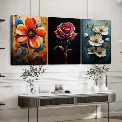 3pcs Vibrant Florals Paint Roses Peonies Orange Wall Art Set Canvas Unframed - High Quality Print 100% Australian Made Wall Canvas