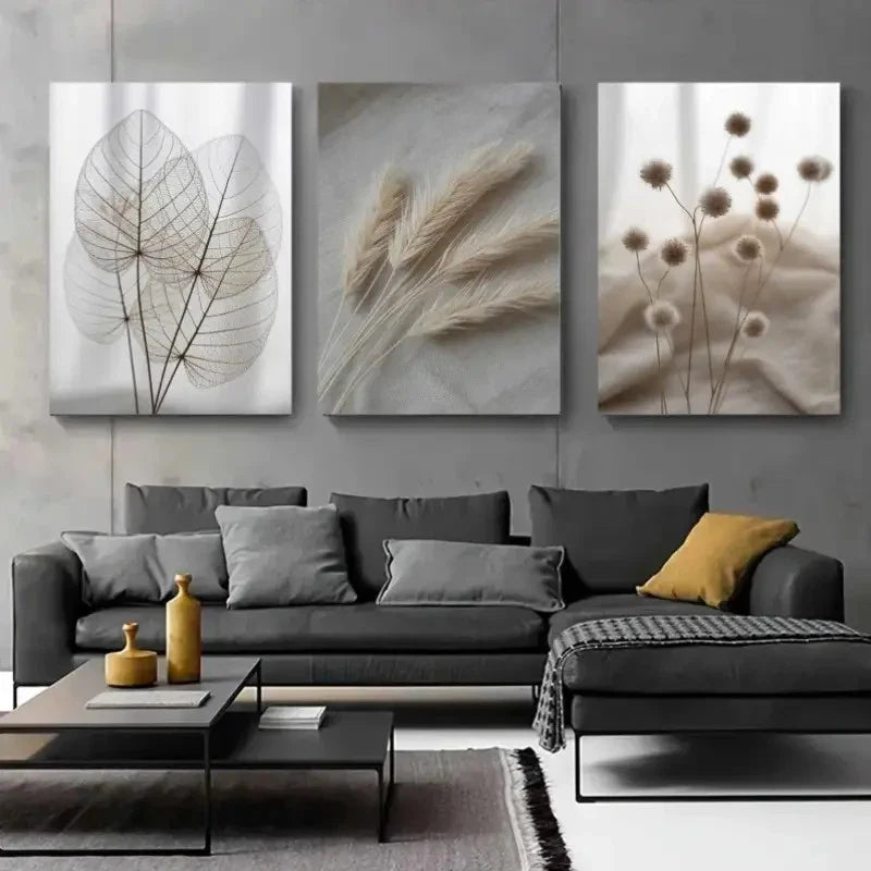 3pcs Botanical Dried Flower & Pampas Grass Metal Print Ready to Hang Art - Bella Home Decor