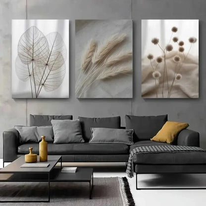 3pcs Botanical Dried Flower & Pampas Grass Metal Print Ready to Hang Art - Bella Home Decor