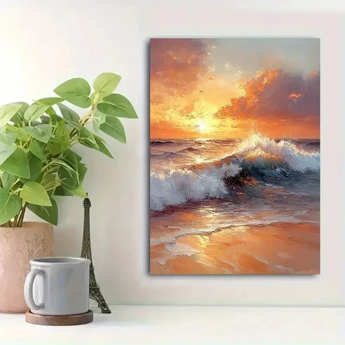Beautiful Dusk Seascape With Dynamic Waves Painting  60x90cm Metal Print Ready to Hang