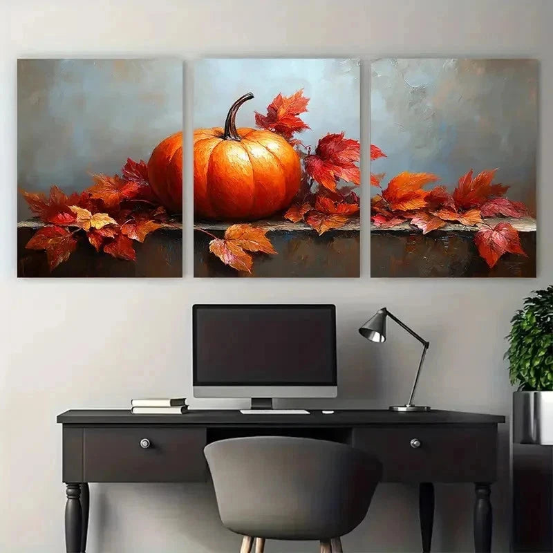 3pcs Fall Autumn Pumpkins Leaves Perfect Wall Art Set Canvas Framed 50x70cm - High Quality Print 100% Australian Made Wall Canvas Ready to Hang