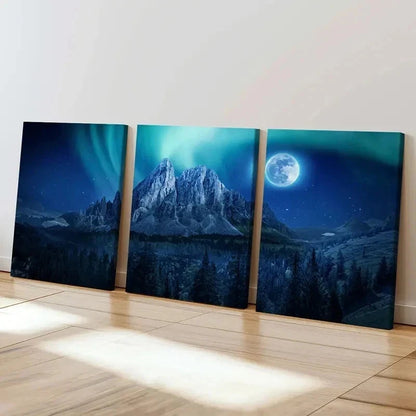 3pcs Mountains Aurora Moon Nature Wall Art Set Canvas Framed 60x90cm - High Quality Print 100% Australian Made Wall Canvas Ready to Hang