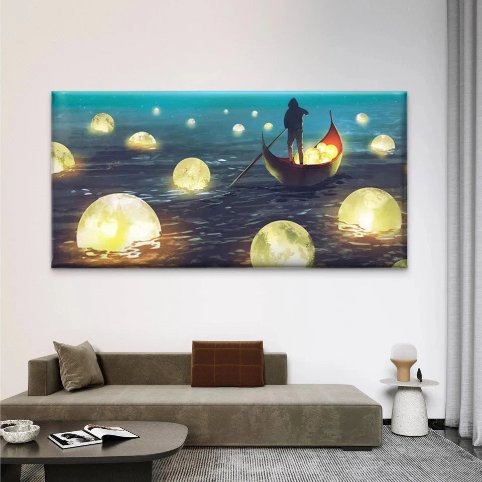 Man Rowing Boat with Moons Wall Art Canvas Office Home Room Framed 120x60cm