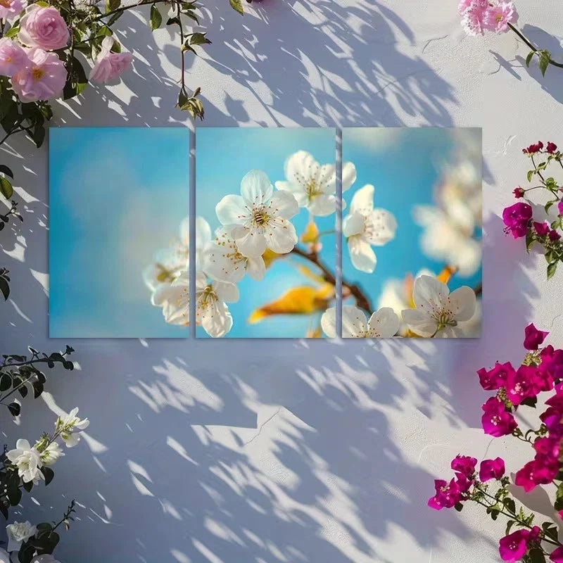 3pcs White Cherry Blossoms Against Blue Sky Metal Print Ready to Hang Art
