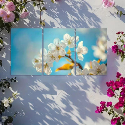 3pcs White Cherry Blossoms Against Blue Sky Metal Print Ready to Hang Art