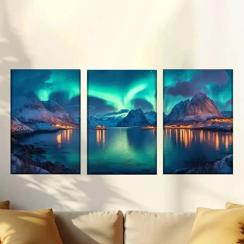 3pcs  Northern Lights Over Mountain Lake Wall Art Set Canvas Framed 50x70cm - High Quality Print 100% Australian Made Wall Canvas Ready to Hang - Bella Home Decor