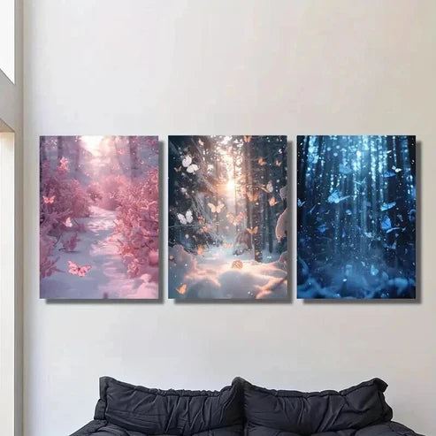 3pcs Blue and Pink Butterfly in Forest Wall Art Canvas Unframed - High Quality Print 100% Australian Made Wall Canvas - Bella Home Decor
