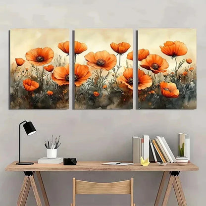 3pcs Vibrant Orange Poppies Blooming Wall Art Canvas Unframed - High Quality Print 100% Australian Made Wall Canvas