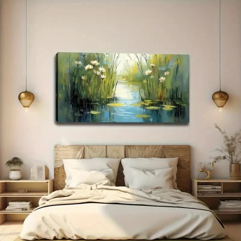 Serene Pond & for Lotus Flower Wall Art canvas office home room framed 120x60cm - Bella Home Decor
