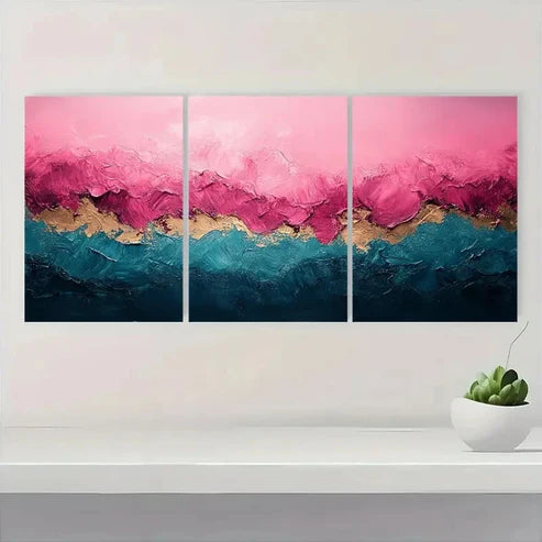 3pcs Vibrant Pink Green & Golden Beach TY Wall Art Set Canvas Unframed - High Quality Print 100% Australian Made Wall Canvas