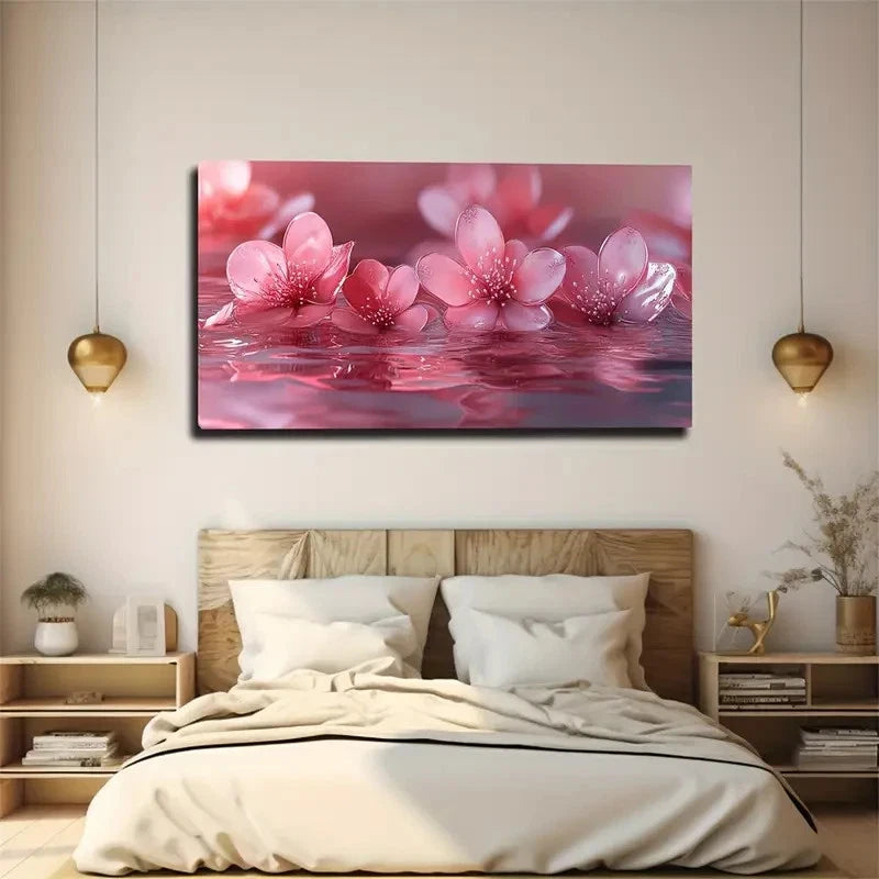 Pink Flowers Floating Water Wall Art Canvas Office Home Room Framed 120x60cm