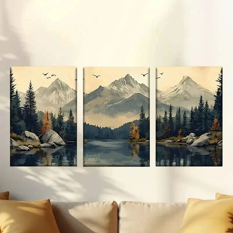 3pcs Serene Mountain & Lake Scene with Birds Wall Art Set Canvas Framed 60x90cm - High Quality Print 100% Australian Made Wall Canvas Ready to Hang