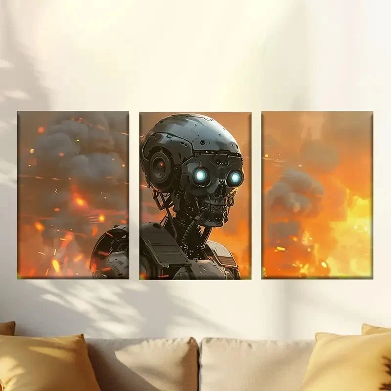 3pcs Futuristic Robot in Flames Wall Art Set Canvas Framed 60x90cm - High Quality Print 100% Australian Made Wall Canvas Ready to Hang - Bella Home Decor