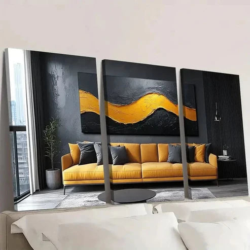 3pcs Chic Black Abstract Yellow Wall Art Set Canvas Unframed - High Quality Print 100% Australian Made Wall Canvas - Bella Home Decor