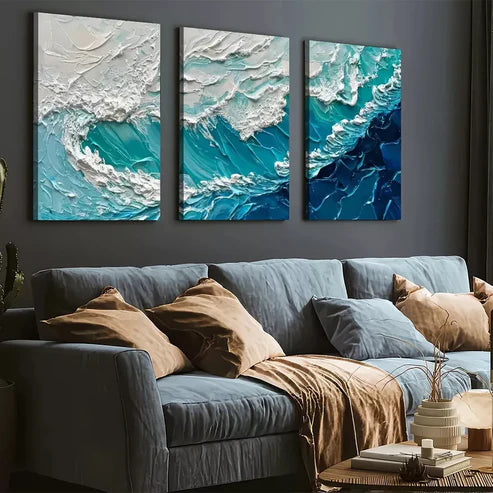 3pcs Modern Elegant Stylish Abstract Ocean Wave Wall Art Set Canvas Unframed - High Quality Print 100% Australian Made Wall Canvas