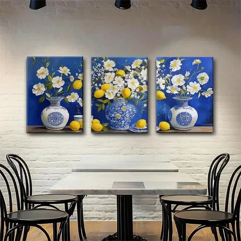 3pcs Blue and White Porcelain Bright Perfect Wall Art Set Canvas Unframed - High Quality Print 100% Australian Made Wall Canvas