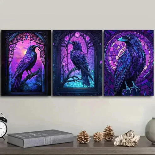 3pcs Stained Glass Window a Raven Perfect Wall Art Set Canvas Unframed - High Quality Print 100% Australian Made Wall Canvas