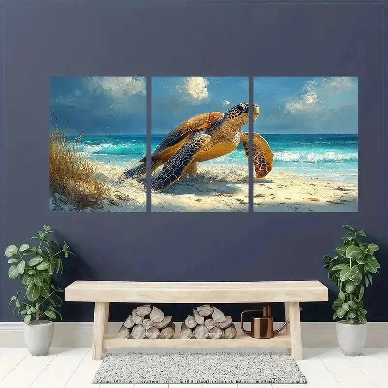 3pcs Vibrant Beach Landscape with Sea Turtle Wall Art Set Canvas Framed 50x70cm - High Quality Print 100% Australian Made Wall Canvas Ready to Hang